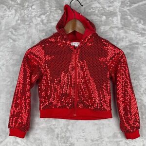 LOLanta Girls Red Sequin Zip Up Hooded Jacket Kids Size 130 / 8